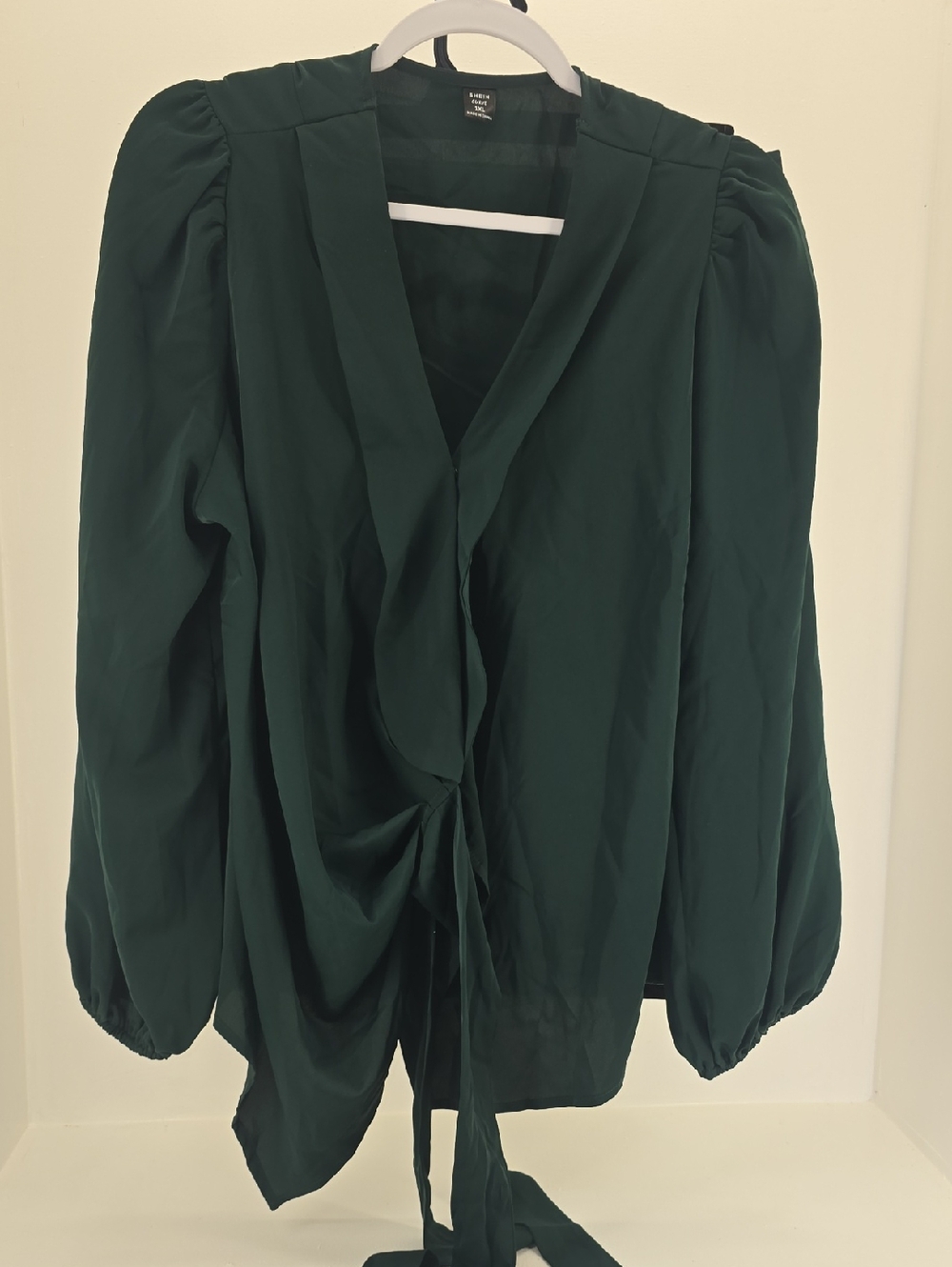 SHEIN Dark Green Tie-Front Puff Sleeve Blouse